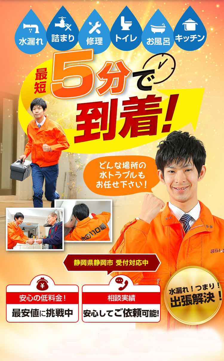 トイレつまり、蛇口水漏れ、水道修理、静岡市